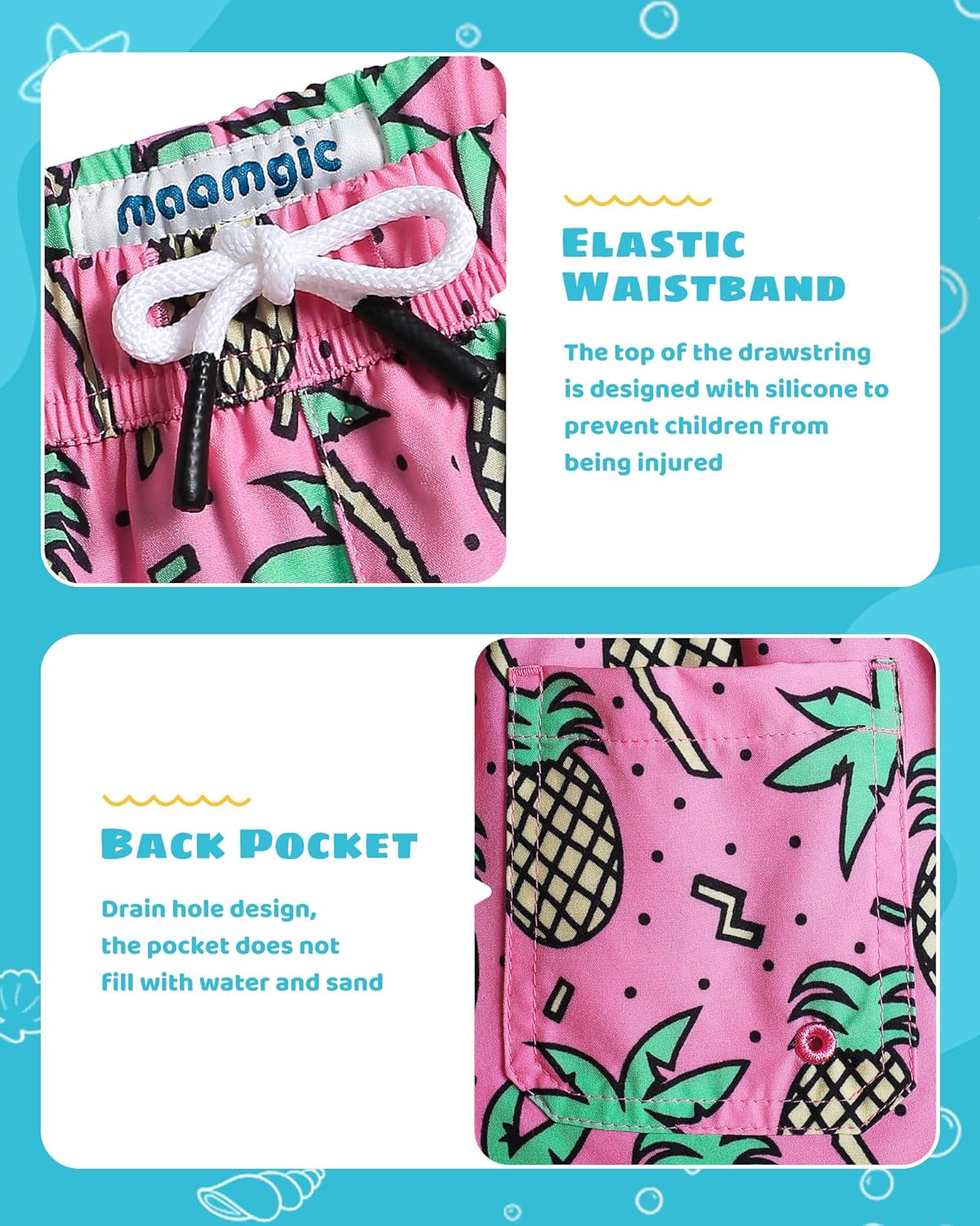 Comfortable Blue Design Boys Swim Trunks with Compression Liner MaamMagic Swimwear for Toddler to Teen