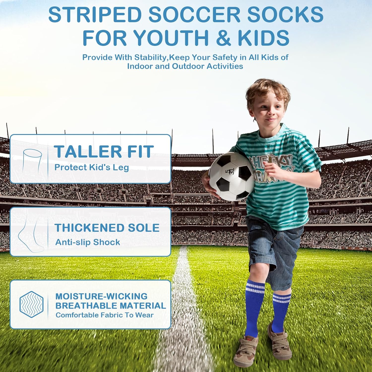 3 Pairs Striped Knee High Soccer Socks for Kids 6-12 Years