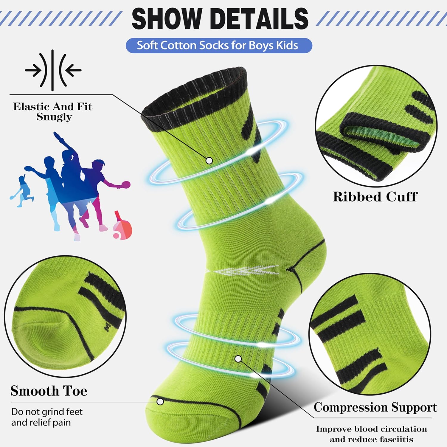 6 Pairs Kids Boys Socks for Outdoor Sports