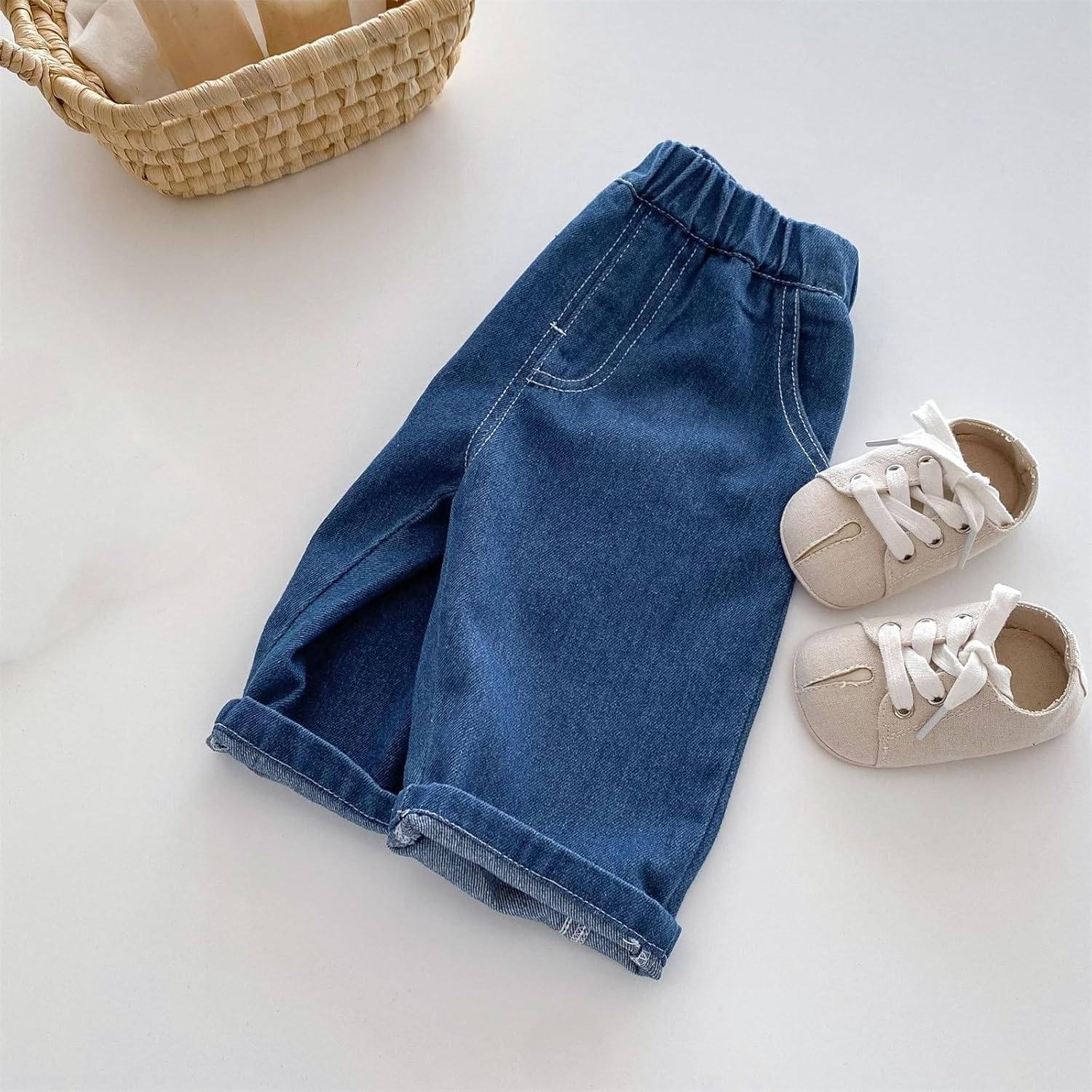 Duobla Baby Toddler Elastic Waist Wide Leg Denim Jeans with Pockets Trendy Kids Jeans