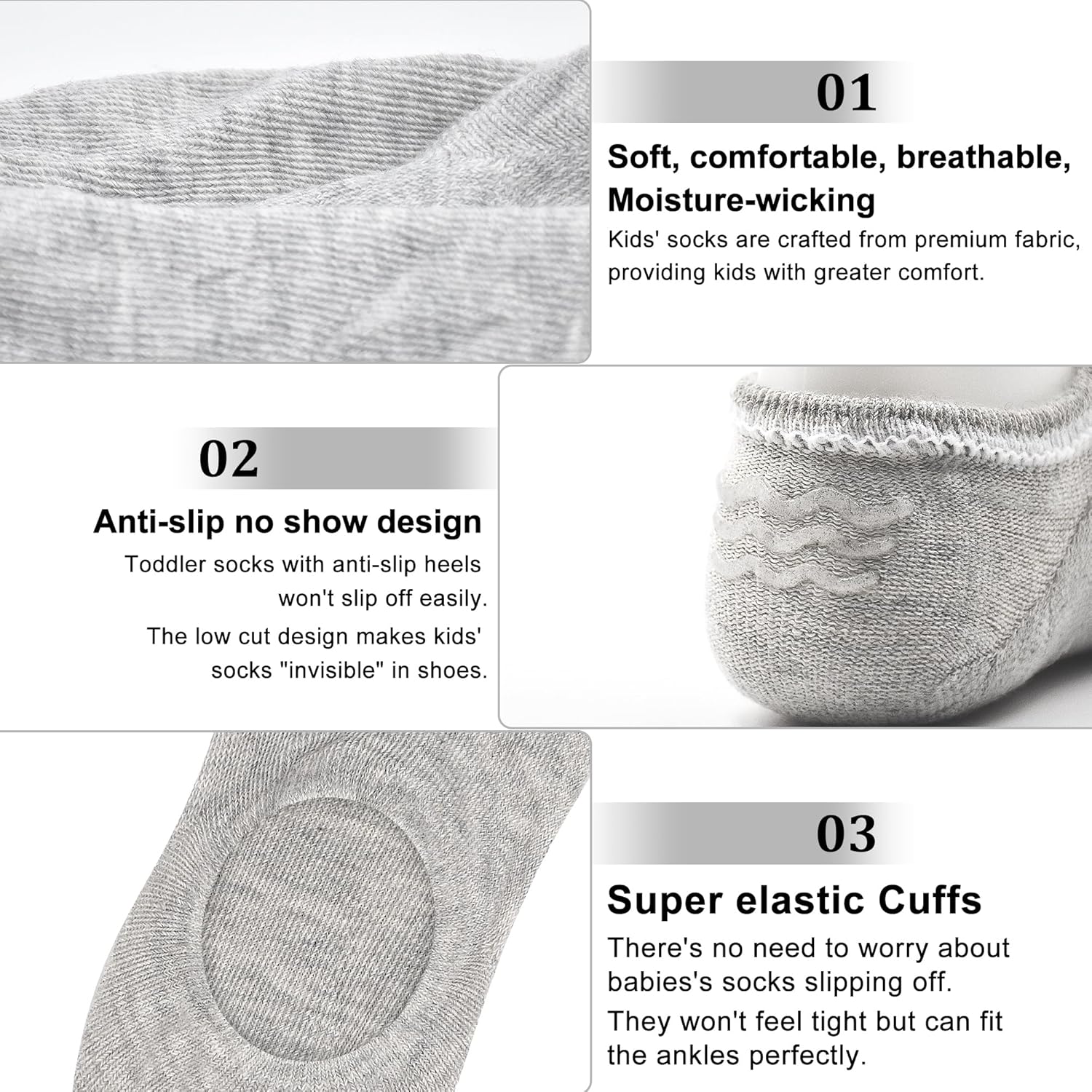 True Comfort No-Show Socks for Toddlers Kids Non-Slip 2-13 Years