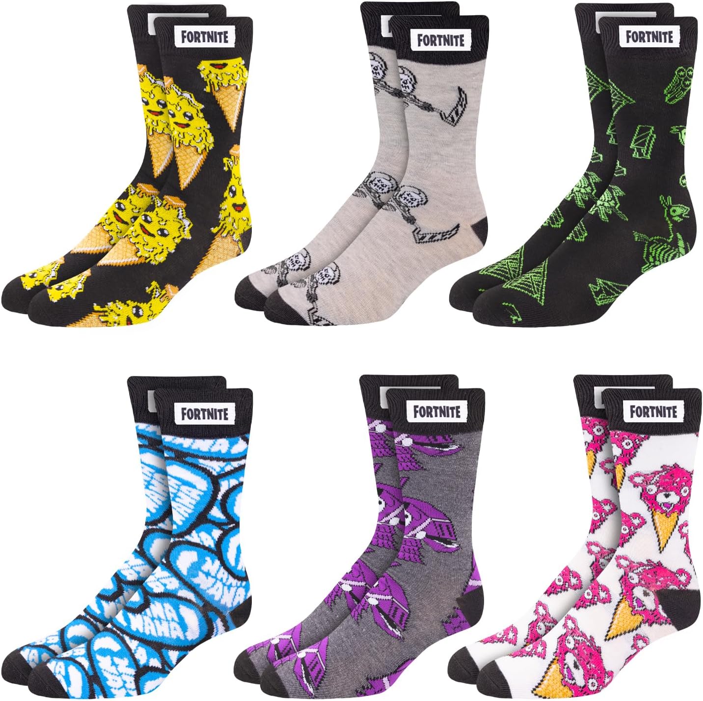FORTNITE gamer crew socks 6-pack for boys and teens vibrant designs soft durable adjustable