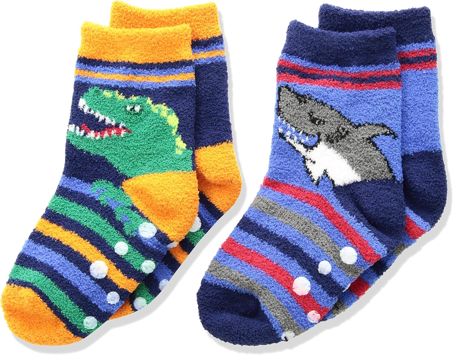 Jefferies Socks Boys Little Dinosaur and Shark Fuzzy Non-Skid Slipper Socks 2 Pack