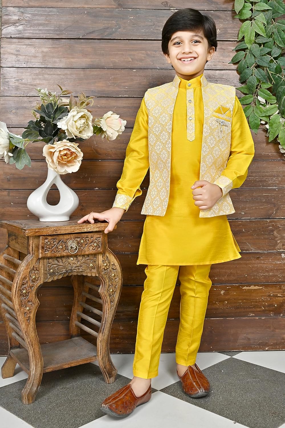 Bollywood Kids Ethnic Silk Blend Traditional Wear Sharkuri Set White-Blue