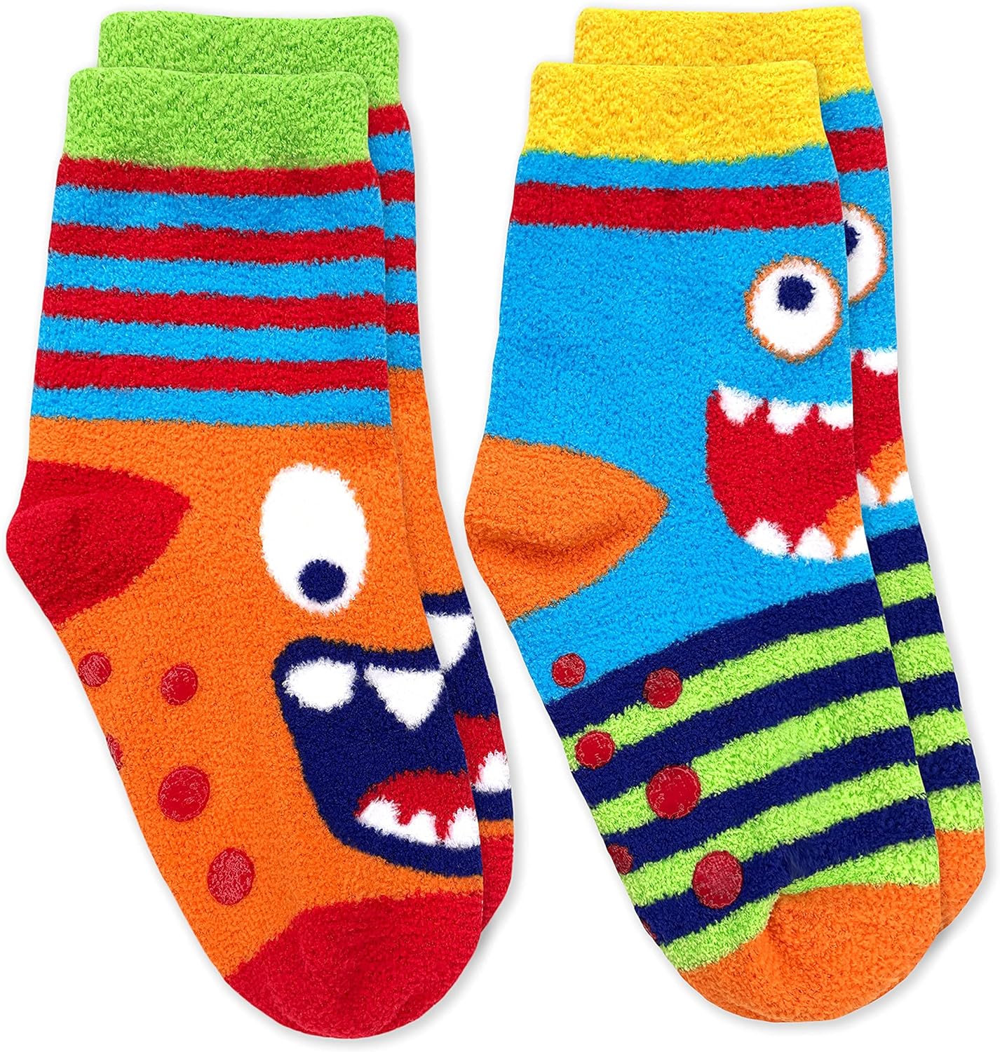 Jefferies Socks Boys Fuzzy Dinosaur Shark Monster Non-Skid Slipper Socks 4 Pack