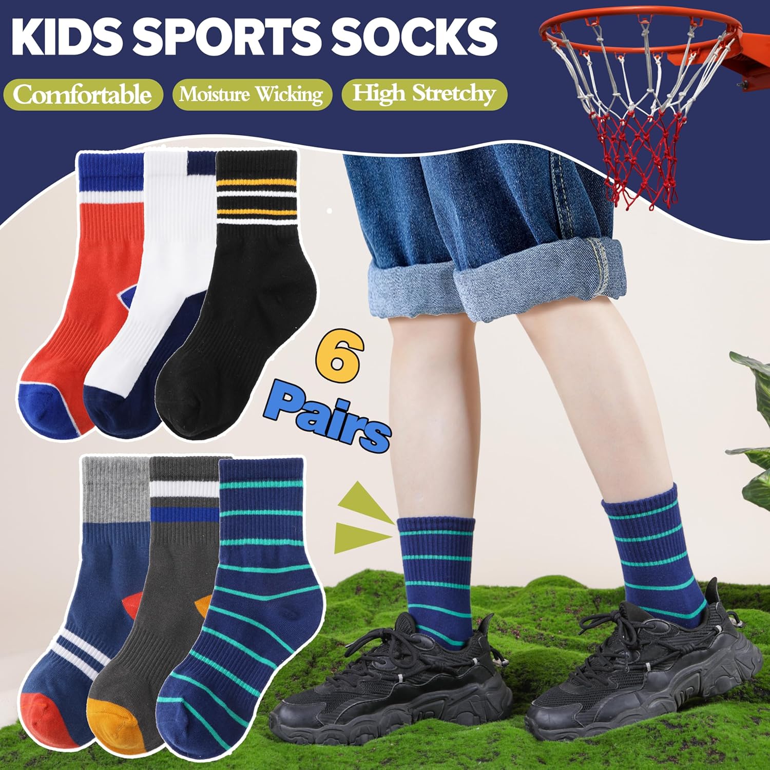 EBMORE 6-Pair Kids Boys Athletic Socks for Outdoor Sports